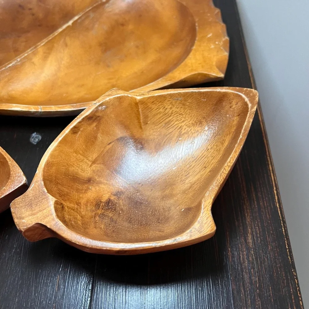 VTG Hand Carved Monkey Pod Wood Divided Serving Tray with 2 Leaf Snack Bowls mcm